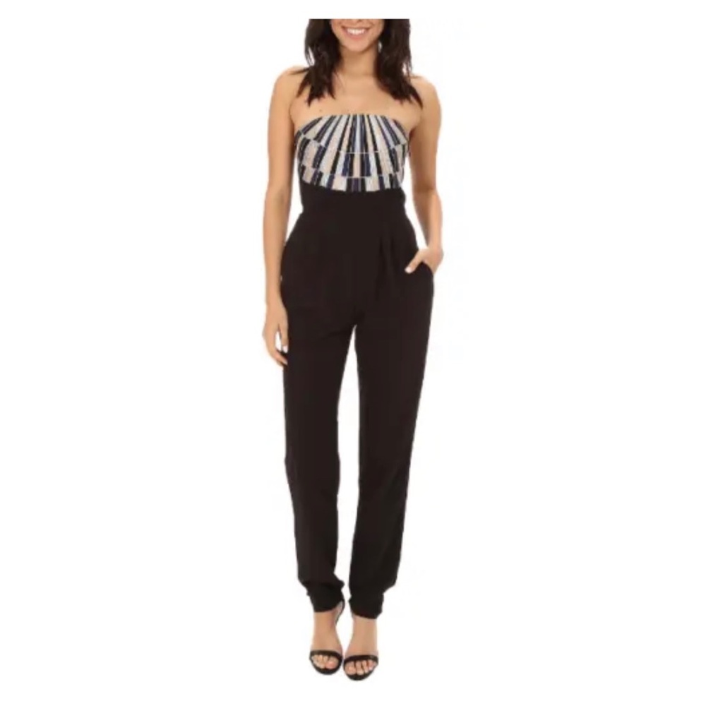 Fashionable Mara Hoffman Black Strapless Embroidered Bodice Jumpsuit w Pockets